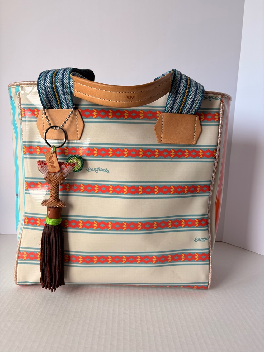 Consuela grey Stripe Tote with Turquoise and Orange Accents